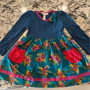 Girls Polka Dot & Floral Teal Long-Sleeve Dress